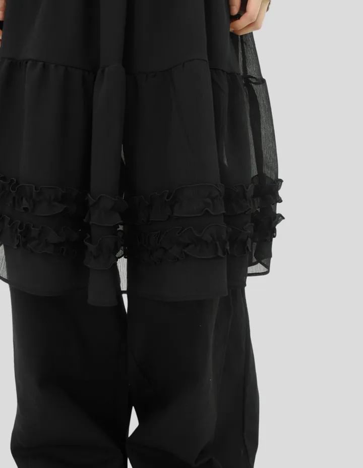 Ruffled Chiffon Midi A-Line Skirt - High Waist