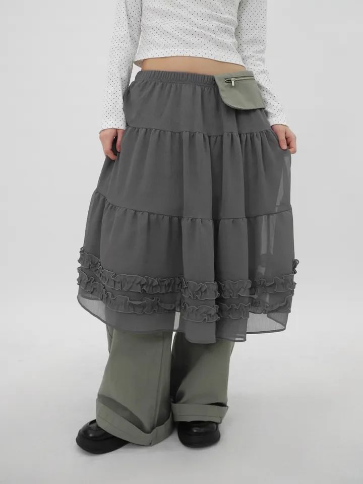 Ruffled Chiffon Midi A-Line Skirt - High Waist