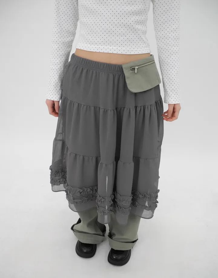 Ruffled Chiffon Midi A-Line Skirt - High Waist