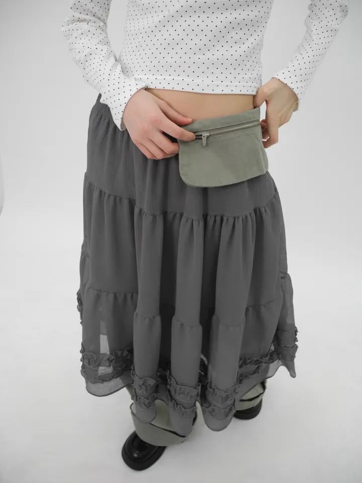 Ruffled Chiffon Midi A-Line Skirt - High Waist