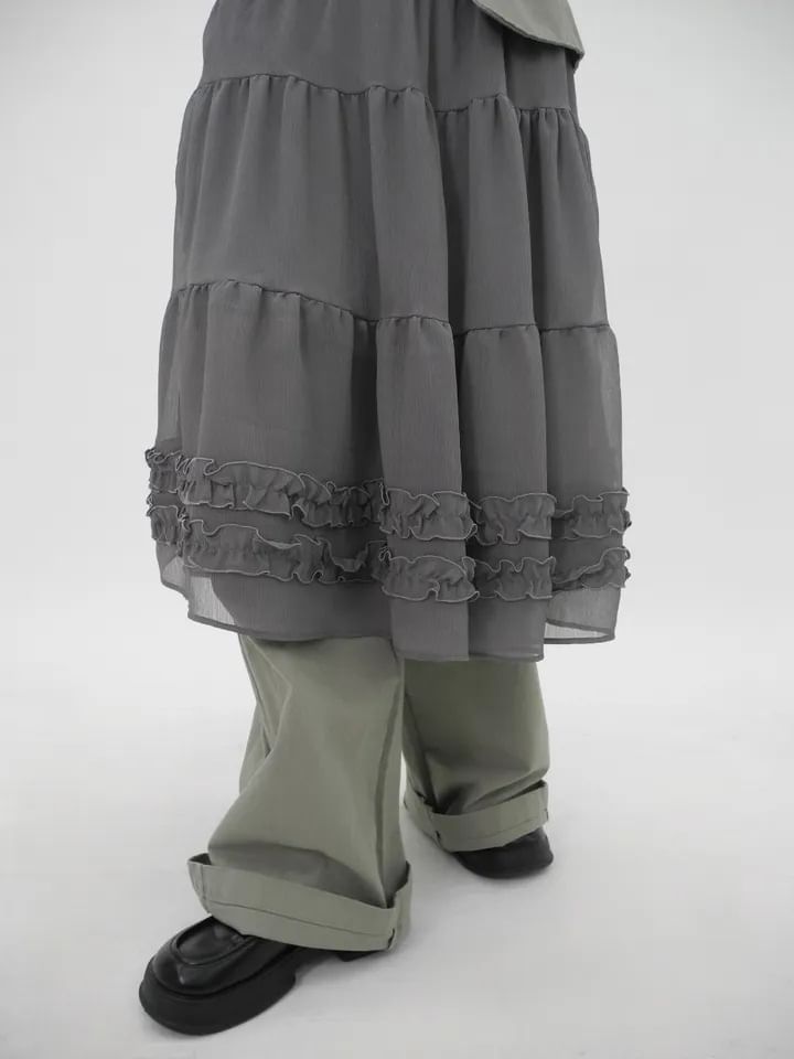 Ruffled Chiffon Midi A-Line Skirt - High Waist