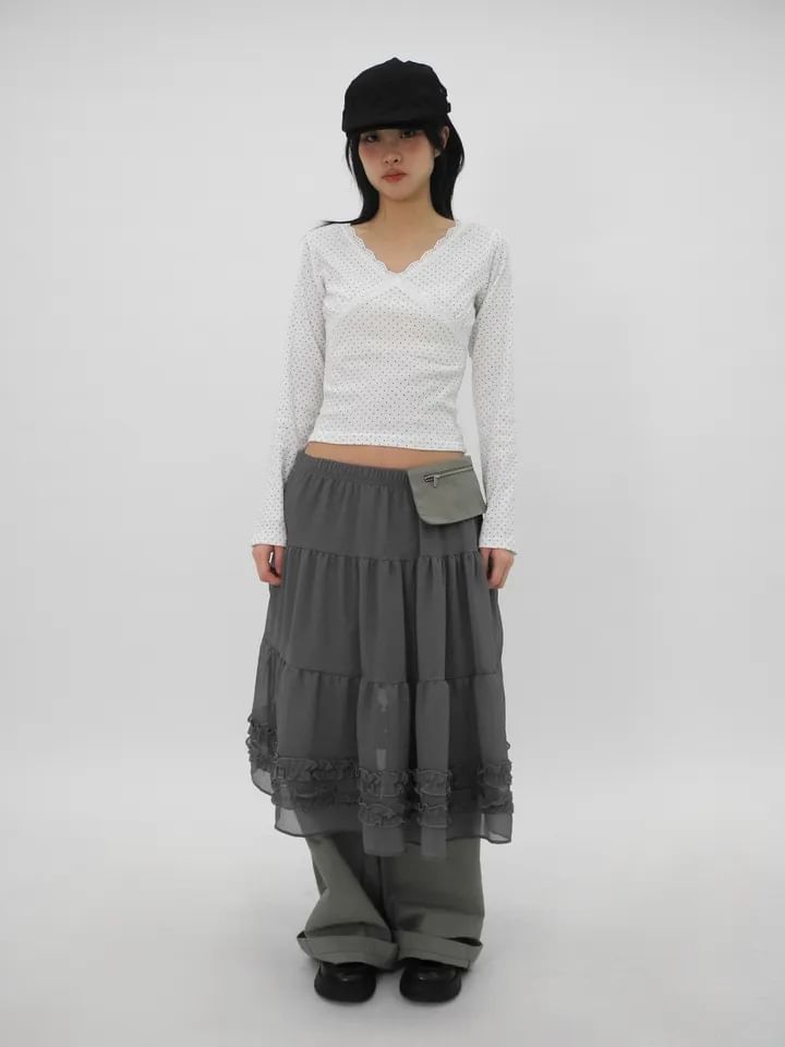 Ruffled Chiffon Midi A-Line Skirt - High Waist