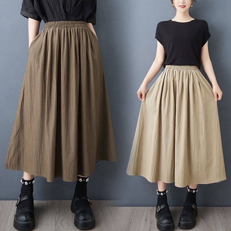 Elastic-Waist Midi Skirt with Flared A-Line Cut