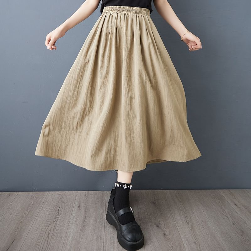 Elastic-Waist Midi Skirt with Flared A-Line Cut