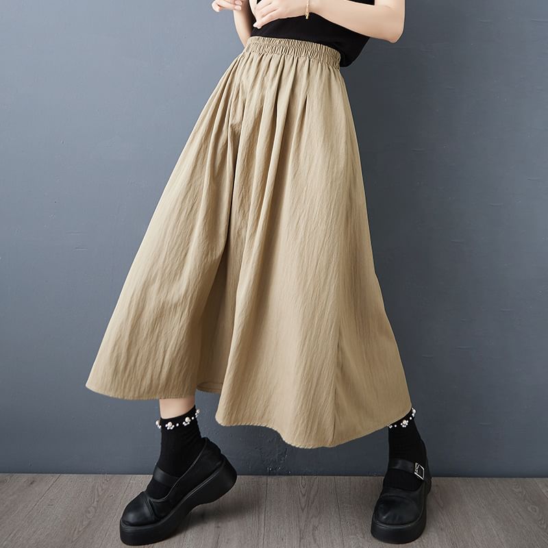 Elastic-Waist Midi Skirt with Flared A-Line Cut