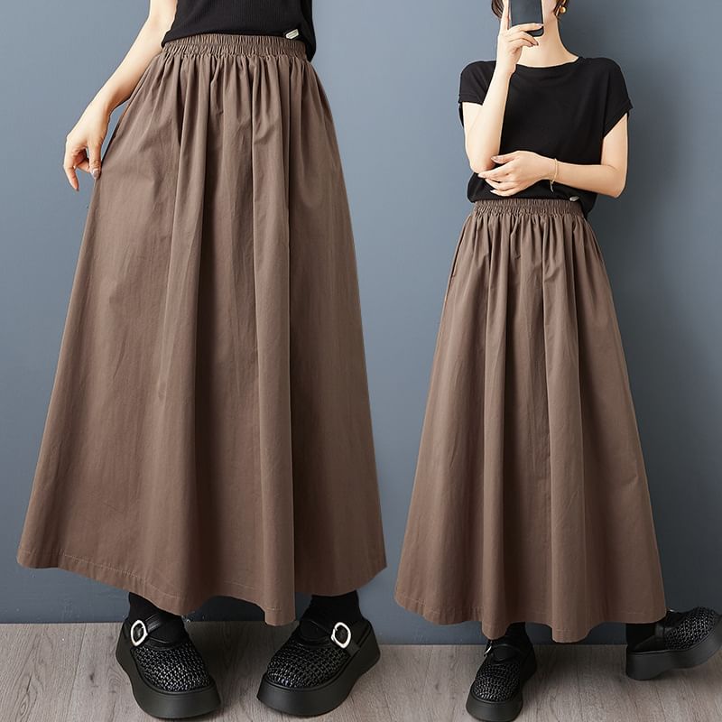 Elastic-Waist Maxi Skirt with Flowing A-Line Design
