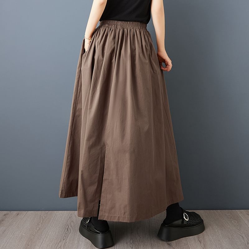 Elastic-Waist Maxi Skirt with Flowing A-Line Design