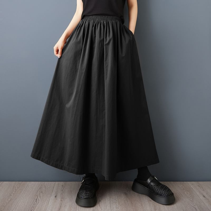 Elastic-Waist Maxi Skirt with Flowing A-Line Design