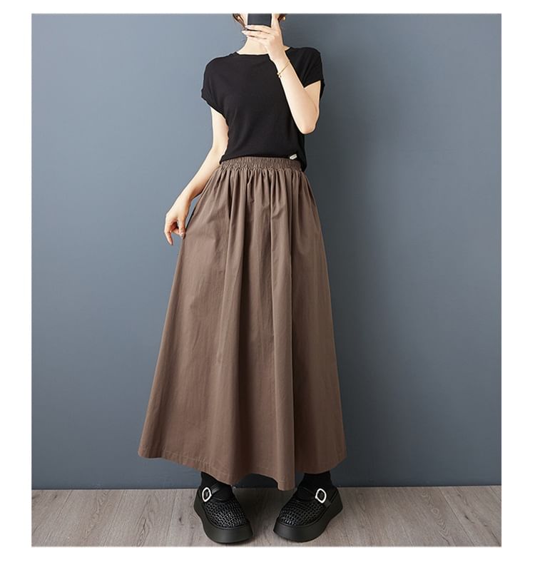 Elastic-Waist Maxi Skirt with Flowing A-Line Design