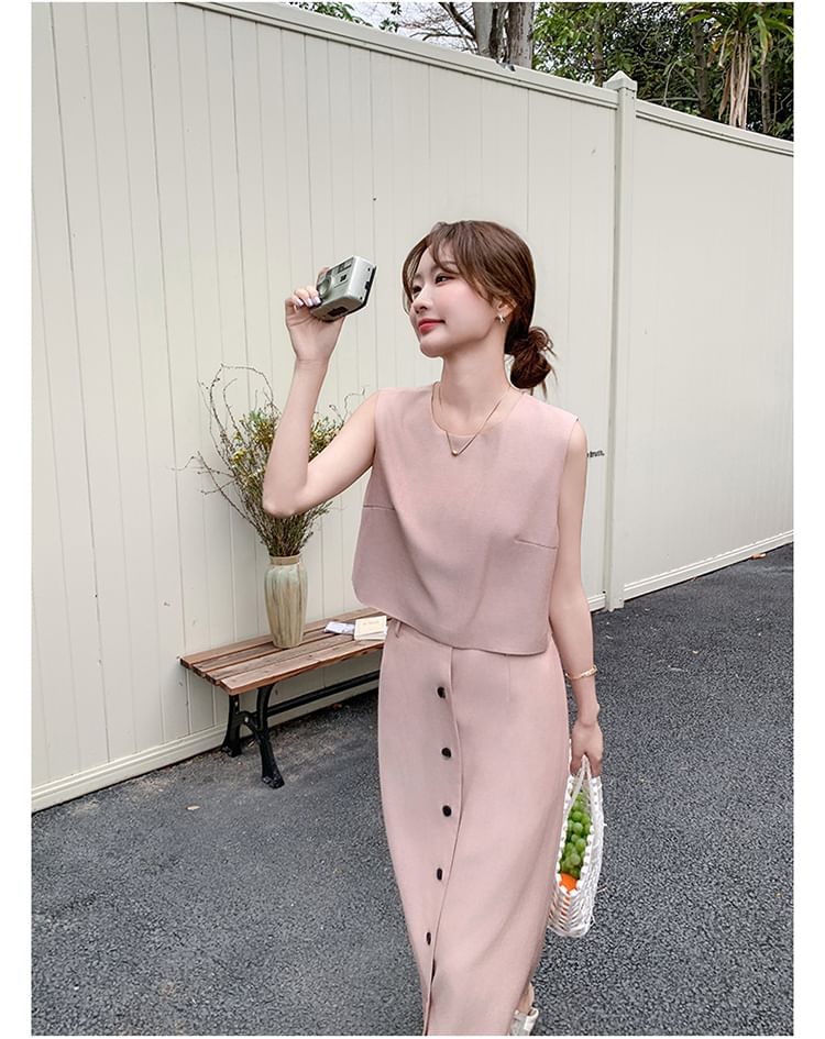 Sleeveless Top and Button-Up Pencil Skirt Ensemble