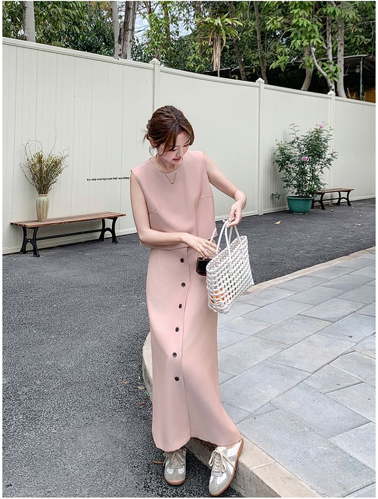Sleeveless Top and Button-Up Pencil Skirt Ensemble
