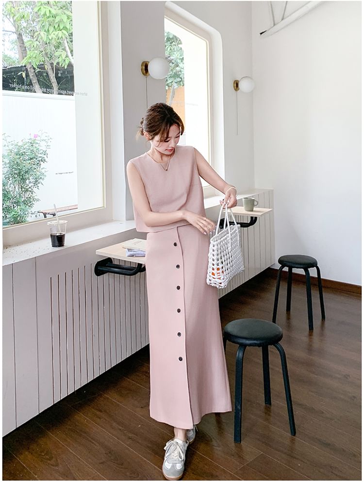 Sleeveless Top and Button-Up Pencil Skirt Ensemble