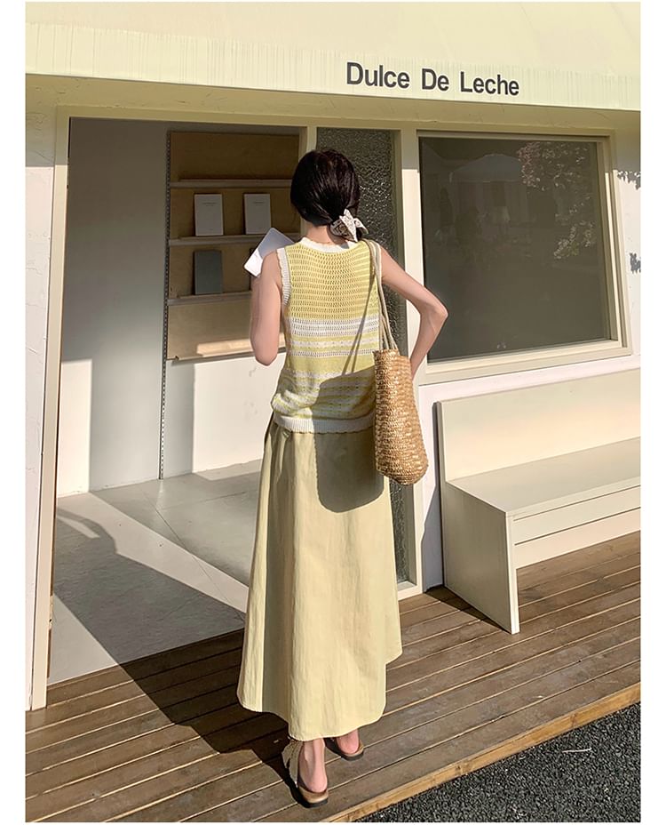 Striped Knit Vest & A-Line Midi Skirt Ensemble