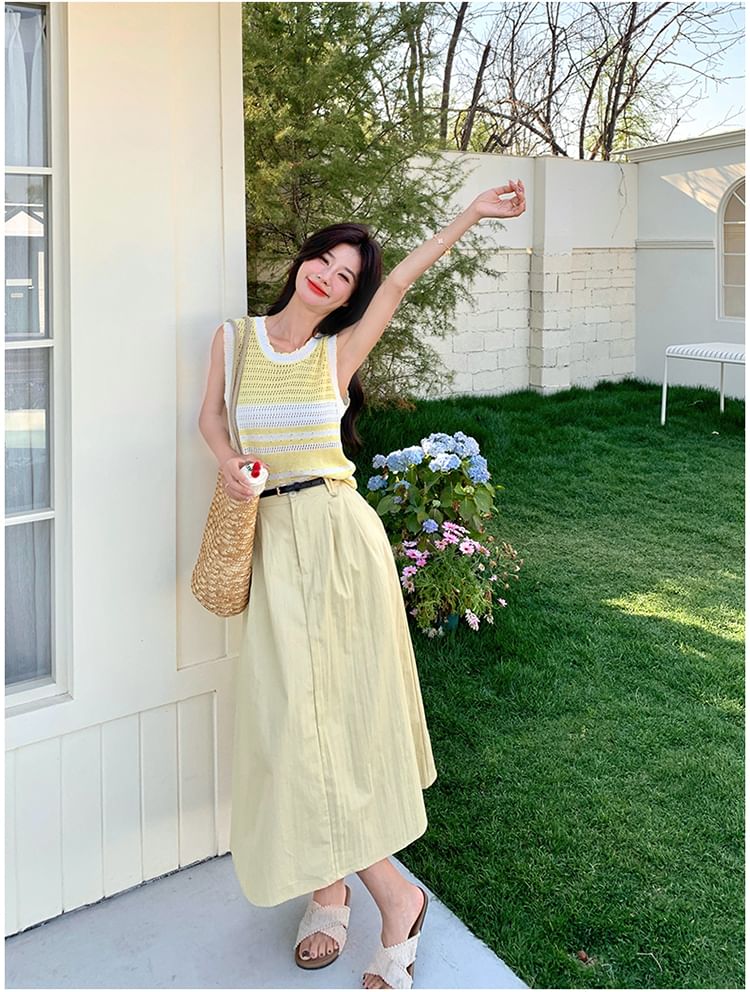 Striped Knit Vest & A-Line Midi Skirt Ensemble