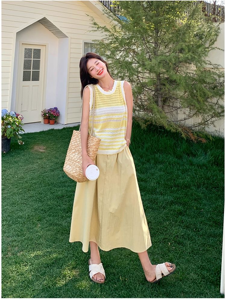 Striped Knit Vest & A-Line Midi Skirt Ensemble