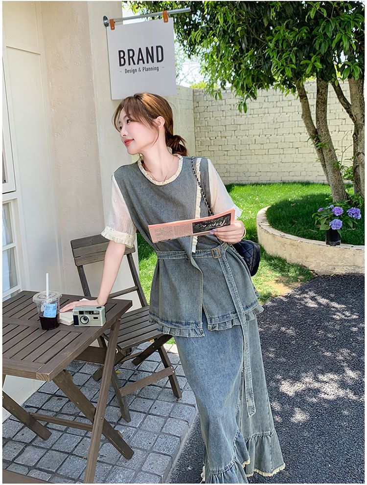 Denim Top with Tassel Trim and Fishtail Skirt Set
