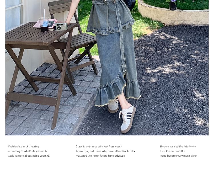 Denim Top with Tassel Trim and Fishtail Skirt Set