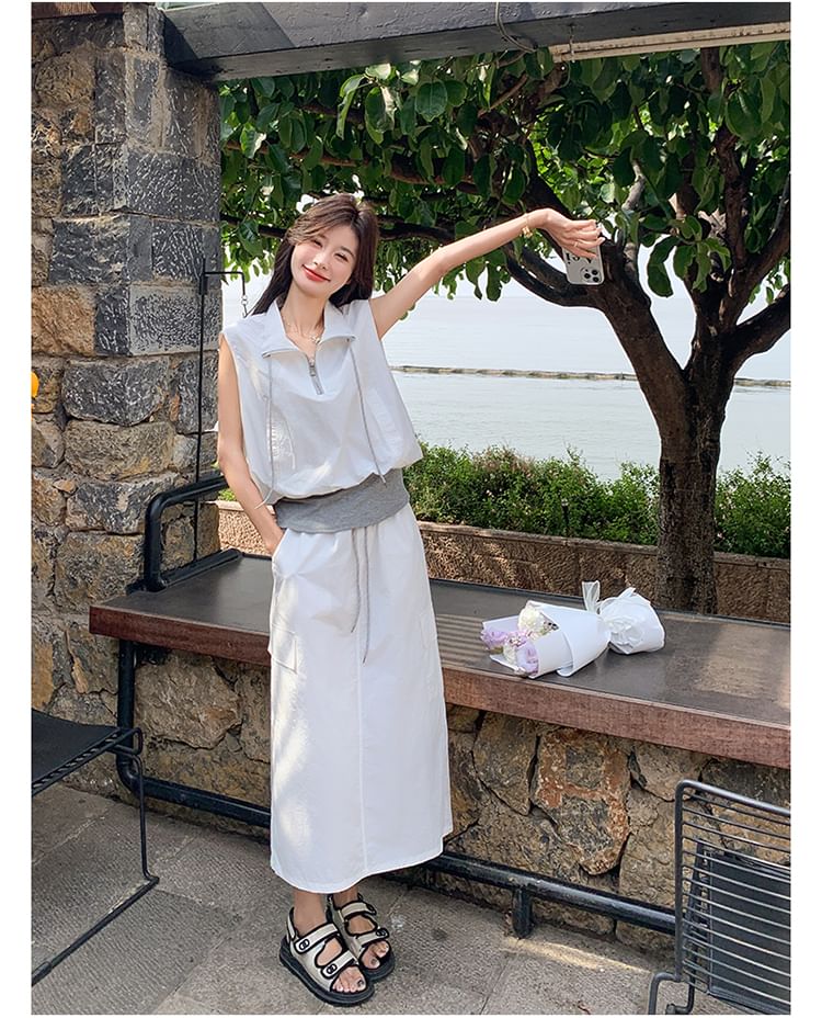 Sleeveless Zip Vest & Cargo Midi Skirt Duo