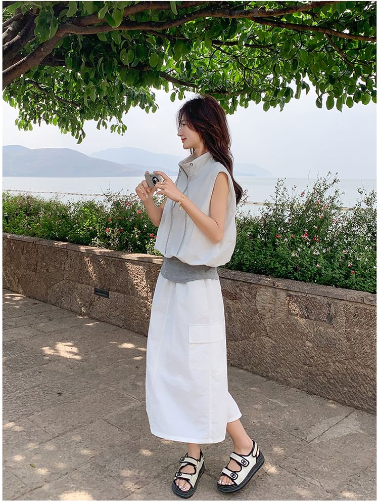 Sleeveless Zip Vest & Cargo Midi Skirt Duo