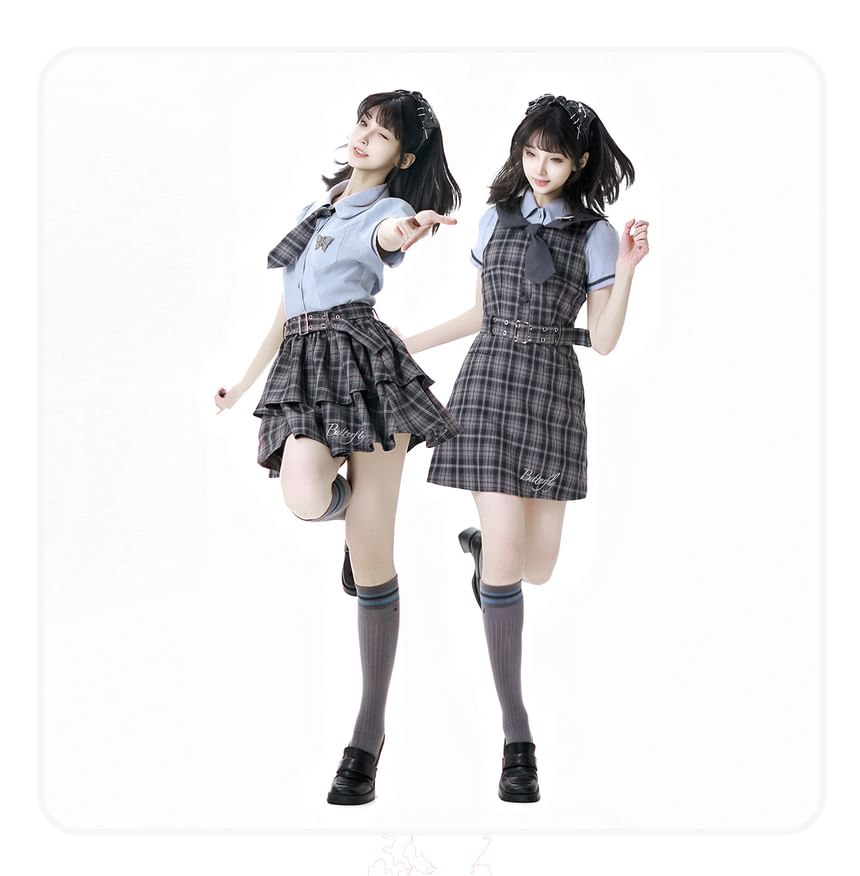 Plaid Dungaree Dress with Belt and Tiered Mini Skirt