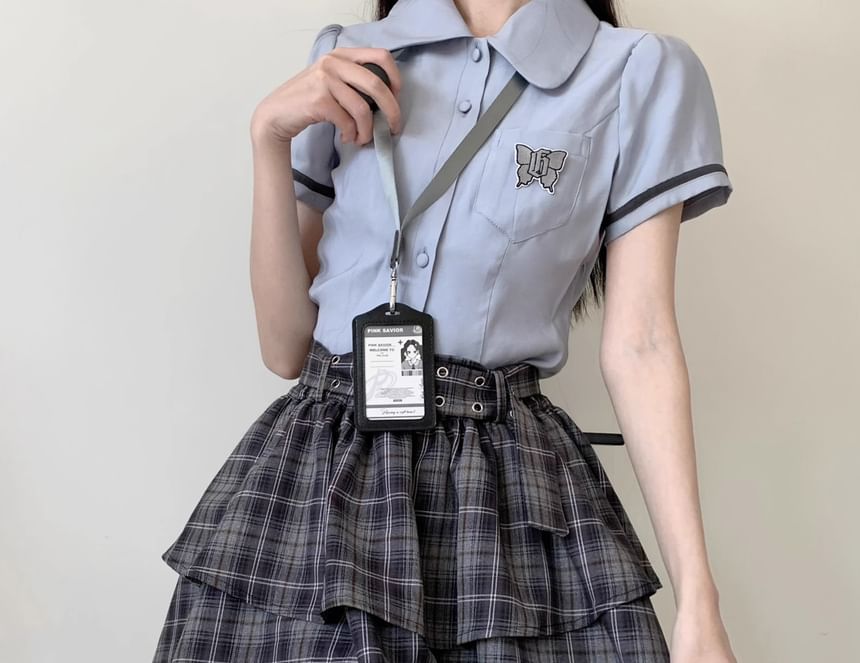 Plaid Dungaree Dress with Belt and Tiered Mini Skirt
