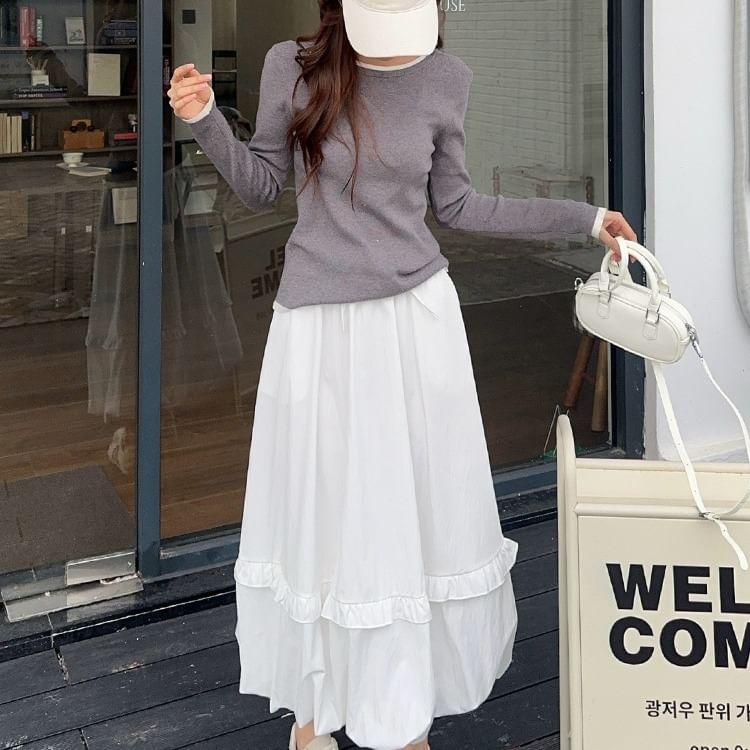 Ruffle Trim Maxi Skirt - High Waist