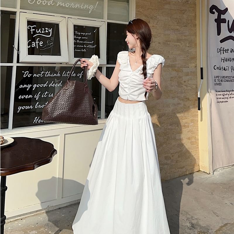 V-Neck Ruched Crop Top & Maxi Skirt Set - High Waist