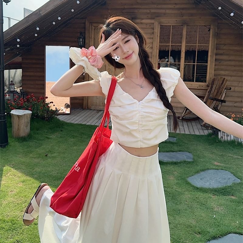 V-Neck Ruched Crop Top & Maxi Skirt Set - High Waist