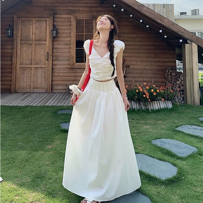 V-Neck Ruched Crop Top & Maxi Skirt Set - High Waist