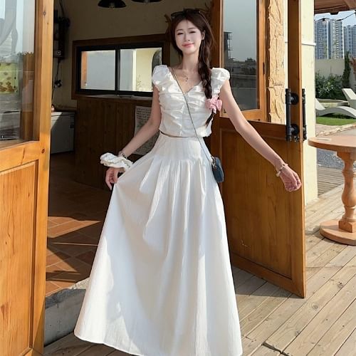 V-Neck Ruched Crop Top & Maxi Skirt Set - High Waist