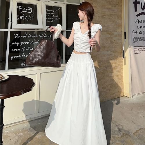 V-Neck Ruched Crop Top & Maxi Skirt Set - High Waist