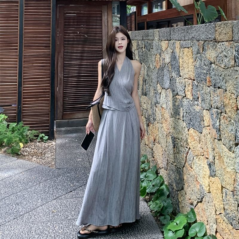 V-Neck Ruched Crop Top and High-Rise Maxi Skirt Set