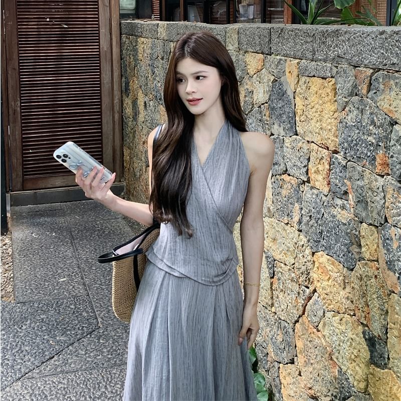 V-Neck Ruched Crop Top and High-Rise Maxi Skirt Set
