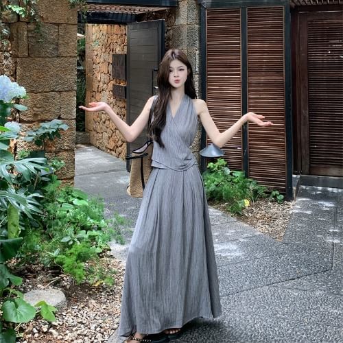 V-Neck Ruched Crop Top and High-Rise Maxi Skirt Set