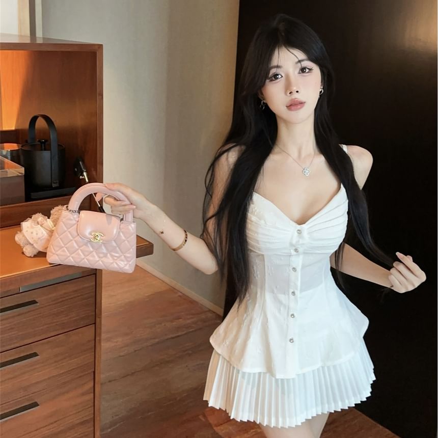 Ruched Peplum Camisole & Pleated Mini Skirt Set