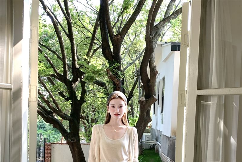 Set: Scoop Neck Knit Tank + Cardigan + Drawstring Maxi Skirt