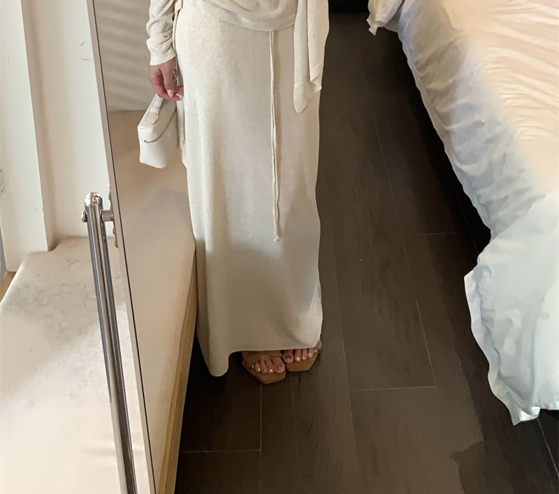 Set: Scoop Neck Knit Tank + Cardigan + Drawstring Maxi Skirt