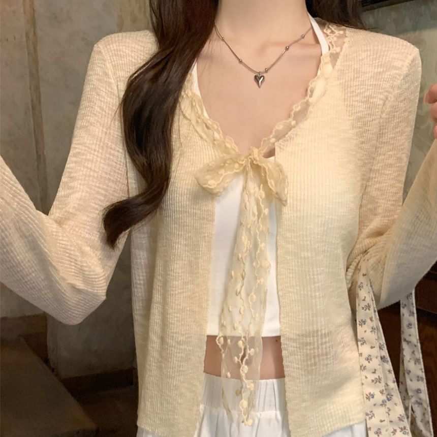 V-Neck Lace Trim Ribbed Tie Front Cardigan