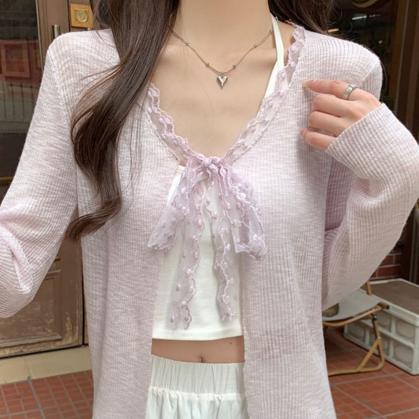 V-Neck Lace Trim Ribbed Tie Front Cardigan
