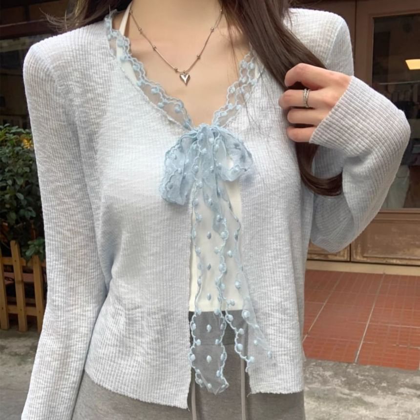 V-Neck Lace Trim Ribbed Tie Front Cardigan