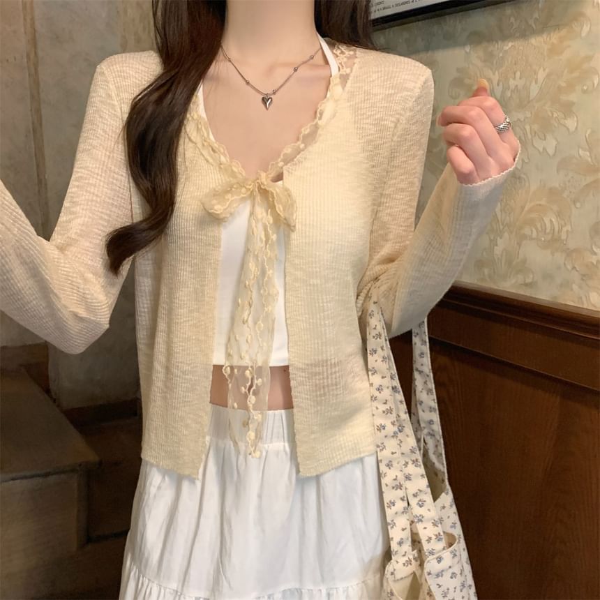 V-Neck Lace Trim Ribbed Tie Front Cardigan