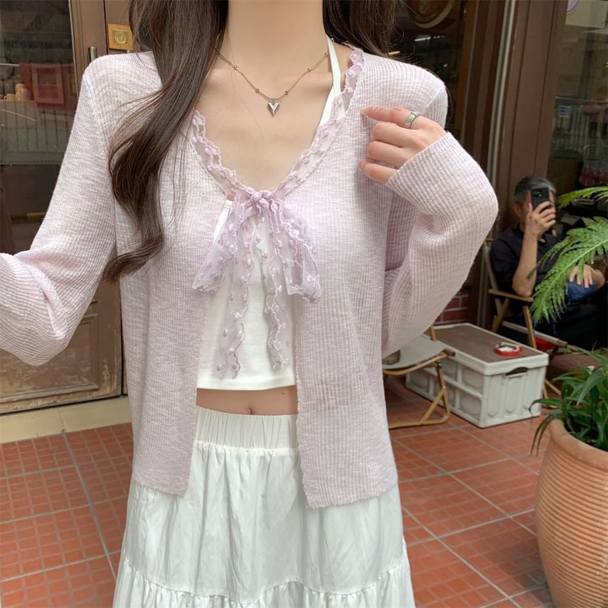 V-Neck Lace Trim Ribbed Tie Front Cardigan
