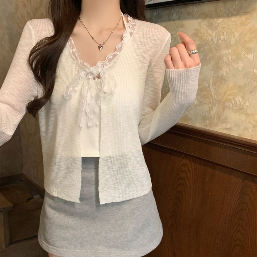V-Neck Lace Trim Ribbed Tie Front Cardigan