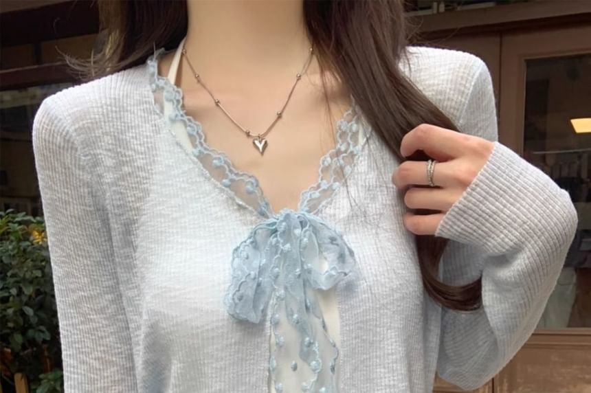 V-Neck Lace Trim Ribbed Tie Front Cardigan
