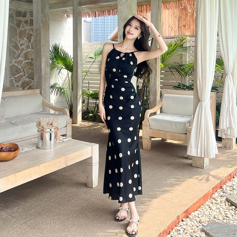 Spaghetti Strap Dotted Mermaid Dress / Cardigan