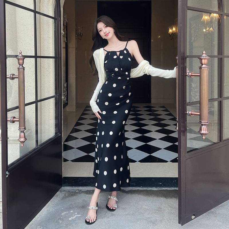 Spaghetti Strap Dotted Mermaid Dress / Cardigan