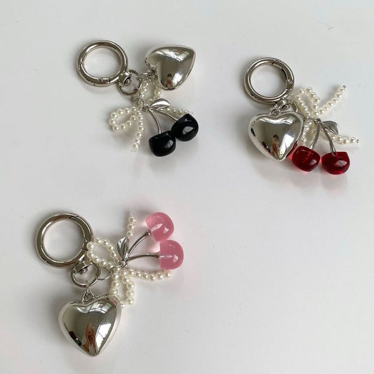 Cherry Resin Beaded Bow Heart Alloy Bag Charm Keyring