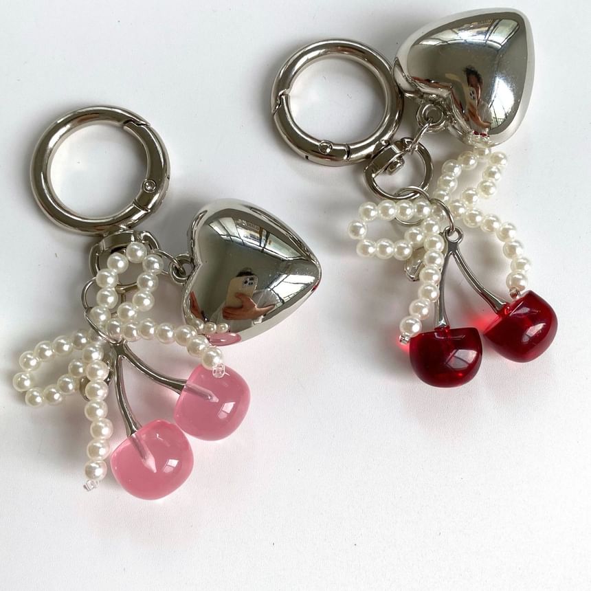 Cherry Resin Beaded Bow Heart Alloy Bag Charm Keyring