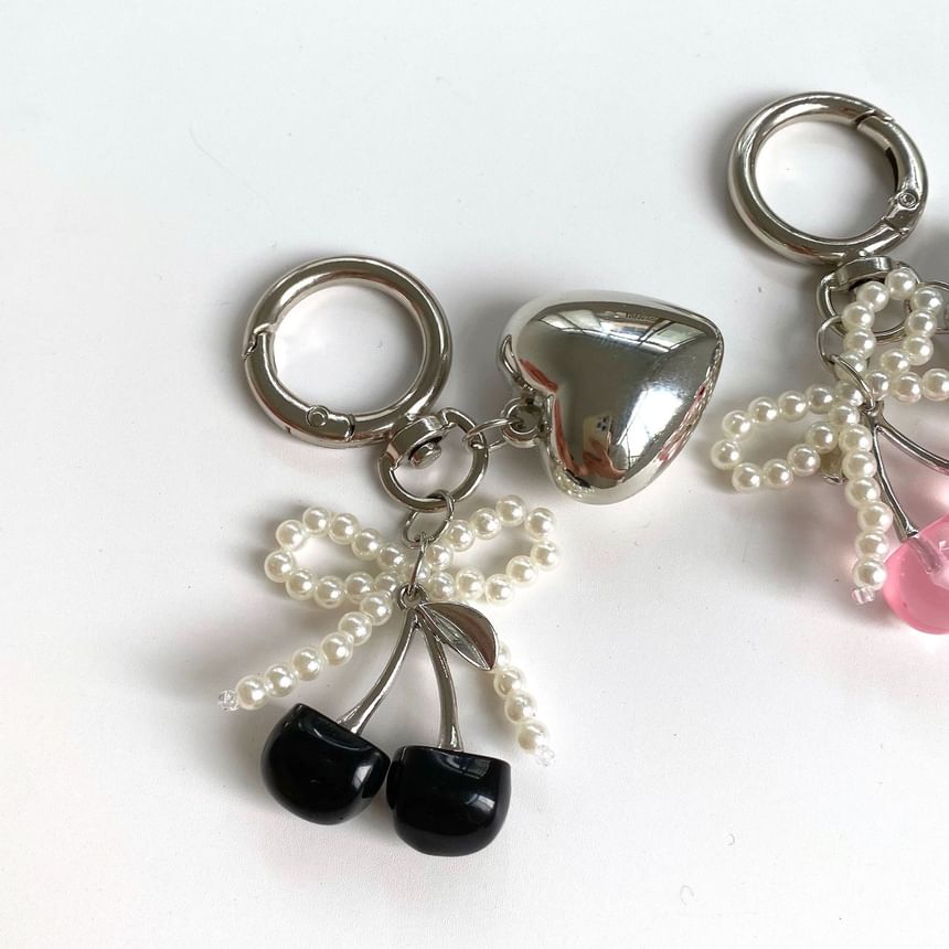 Cherry Resin Beaded Bow Heart Alloy Bag Charm Keyring