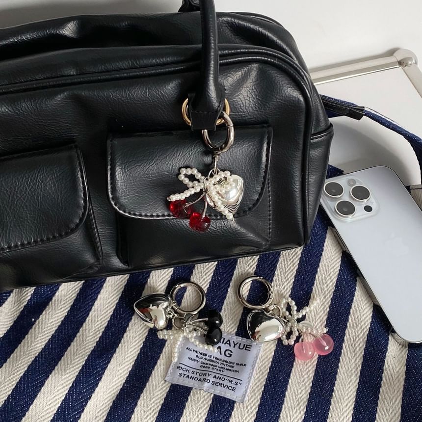 Cherry Resin Beaded Bow Heart Alloy Bag Charm Keyring